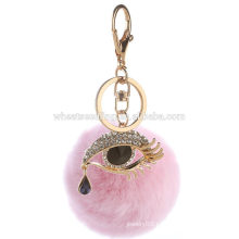 Newest design crystal evil eye bag accessories pink fur ball fashion keychains